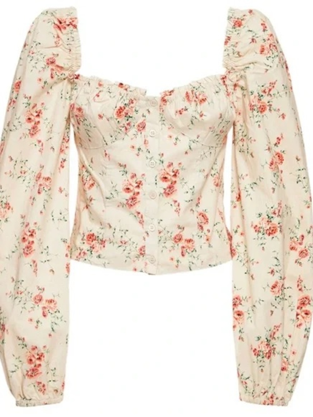 WeWoreWhat Floral Puff-Sleeve Button Front Top - Cream with Pink Roses